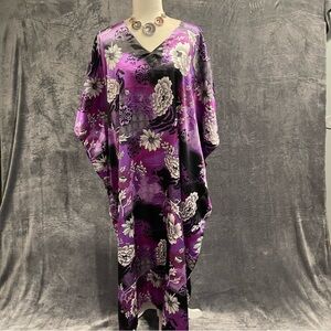 Gold Coast Purple Floral Satin Kaftan Dress women O/S Kimono Resort Vacation